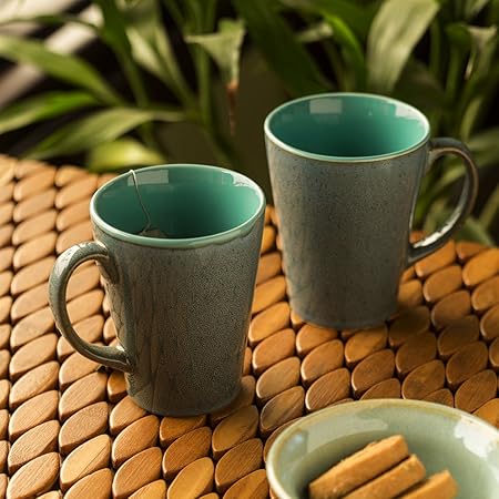 ExclusiveLane Studio Pottery Ceramic Glazed Coffee Mugs Cum Serving Tea Cups Set, 320ml, Set of 2, Teal Blue/Stone Blue