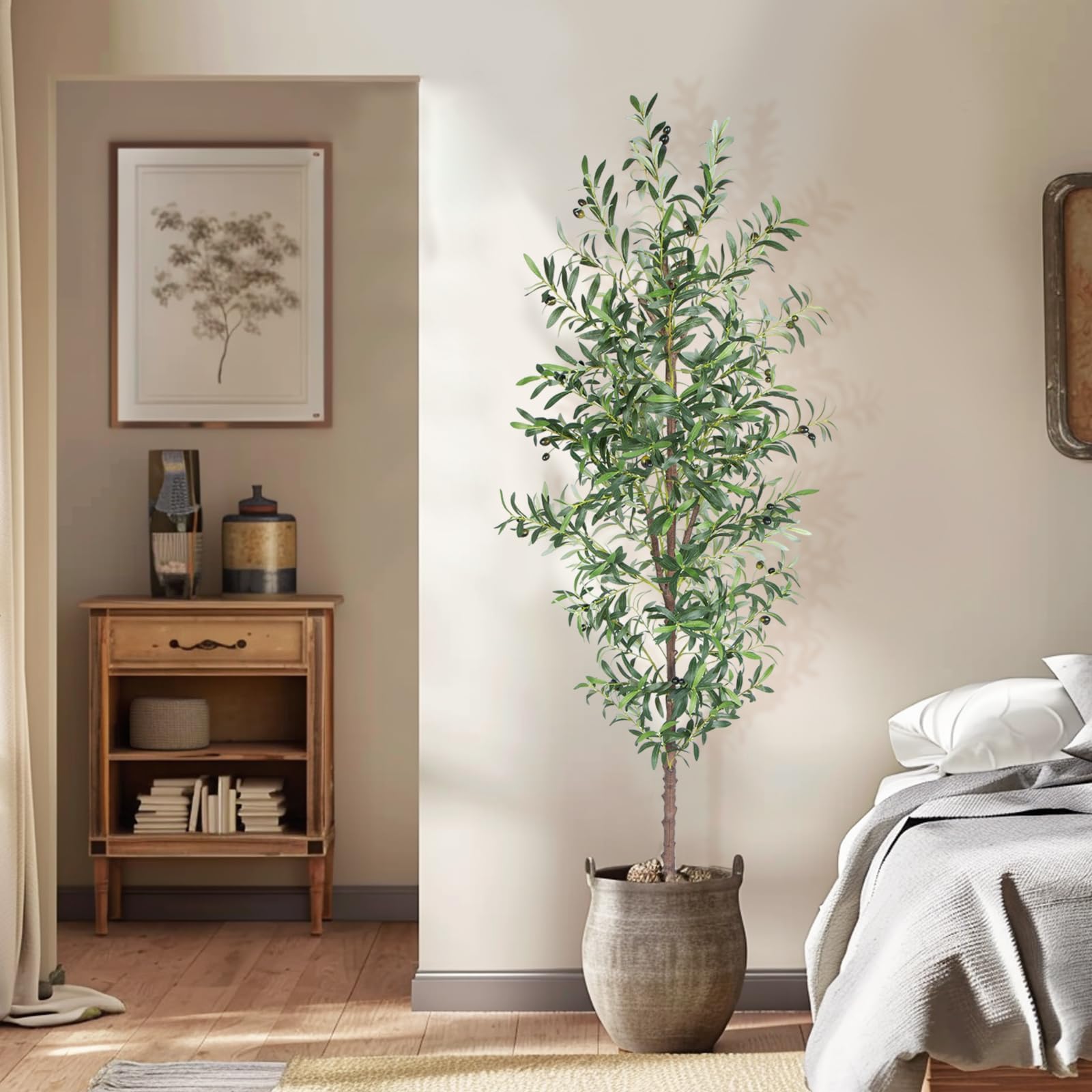 Photo 1 of (see all images) CETRD Artificial Olive Tree, 7FT Tall Faux Olive Trees 84in Outdoor Fake Potted Silk Plant with Trunk and Realistic 1048 Leaves 