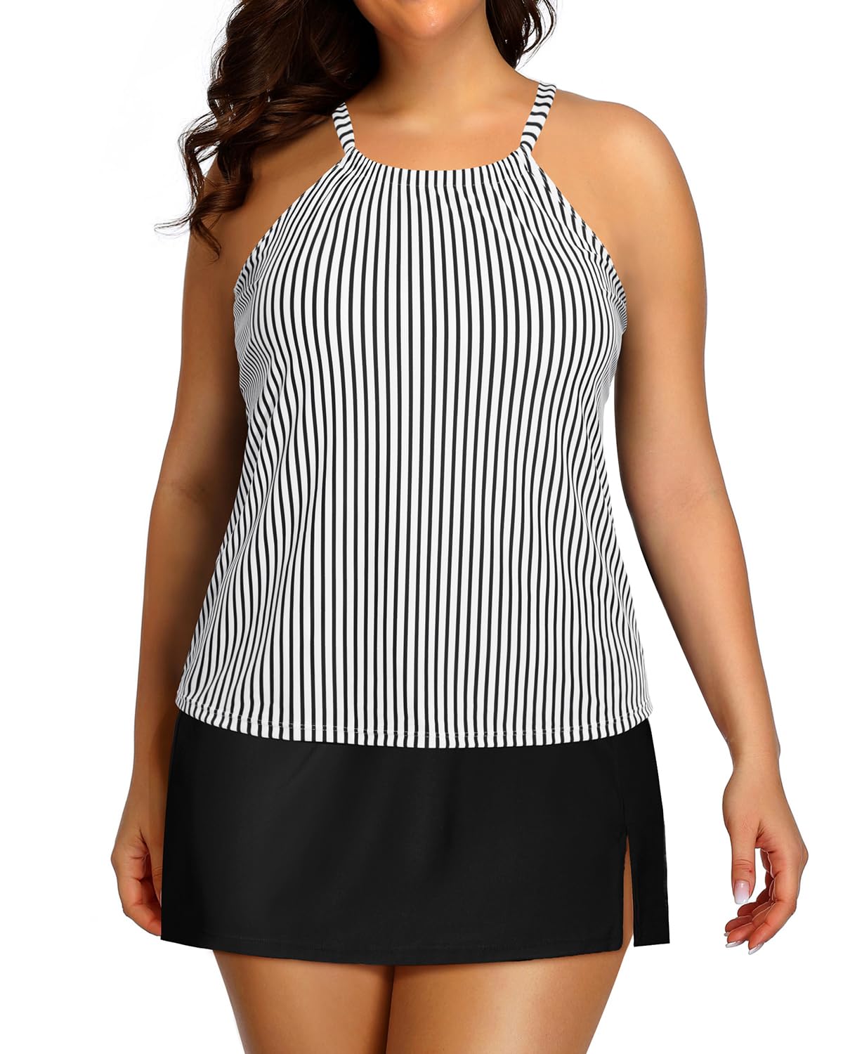 Photo 1 of Yonique Women Two Piece Plus Size Tankini with Skirt Tummy Control Bathing Suits High Neck Swimsuits Stripe and Black 20Plus