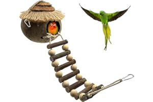Tfwadmx Hanging Bird House with Ladder Natural Coconut Fiber Birds Nest Coco Shell Hideaway Lovebird Swing Toys Parrot Cage Accessories for Parakeet Finch Parrot Canary