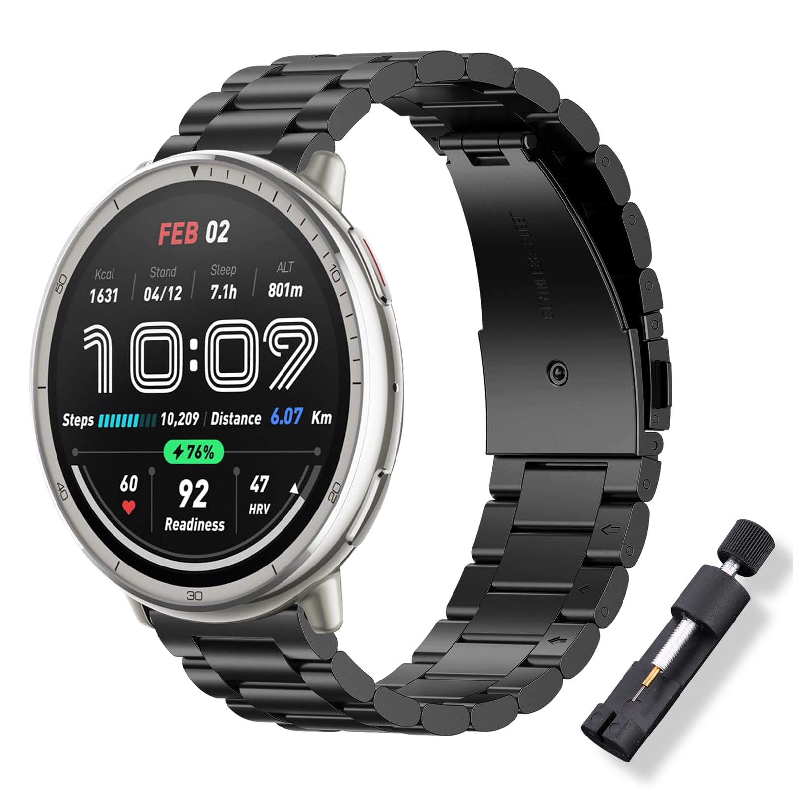 ToVioc Watch Strap for Amazfit Active 3 Premium/Active 2 Square/Active2/Bip 3 Pro, 20mm Elegant Classic Stainless Steel Metal Replacement Watch Strap for Garmin Vivoactive 6/Approach J1 - Black