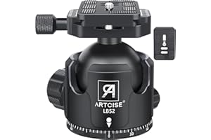 52mm Low Profile Ball Head Tripod Mount Ball Head ARTCISE All Metal CNC Machining with Two 1/4" Quick Release Plates for Tripod, Monopod, DSLR, Camcorder，Max Load 66lbs /30kg（All Black）