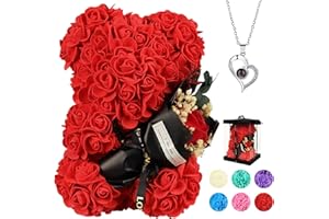 K KYMAKE Valentines Gifts for Her, Valentines Rose Bear, Rose Teddy Bear, Gifts for Women, Valentines Gifts for Kids, Birthday, I Love You Necklace in 100 Languages(Rose Red)
