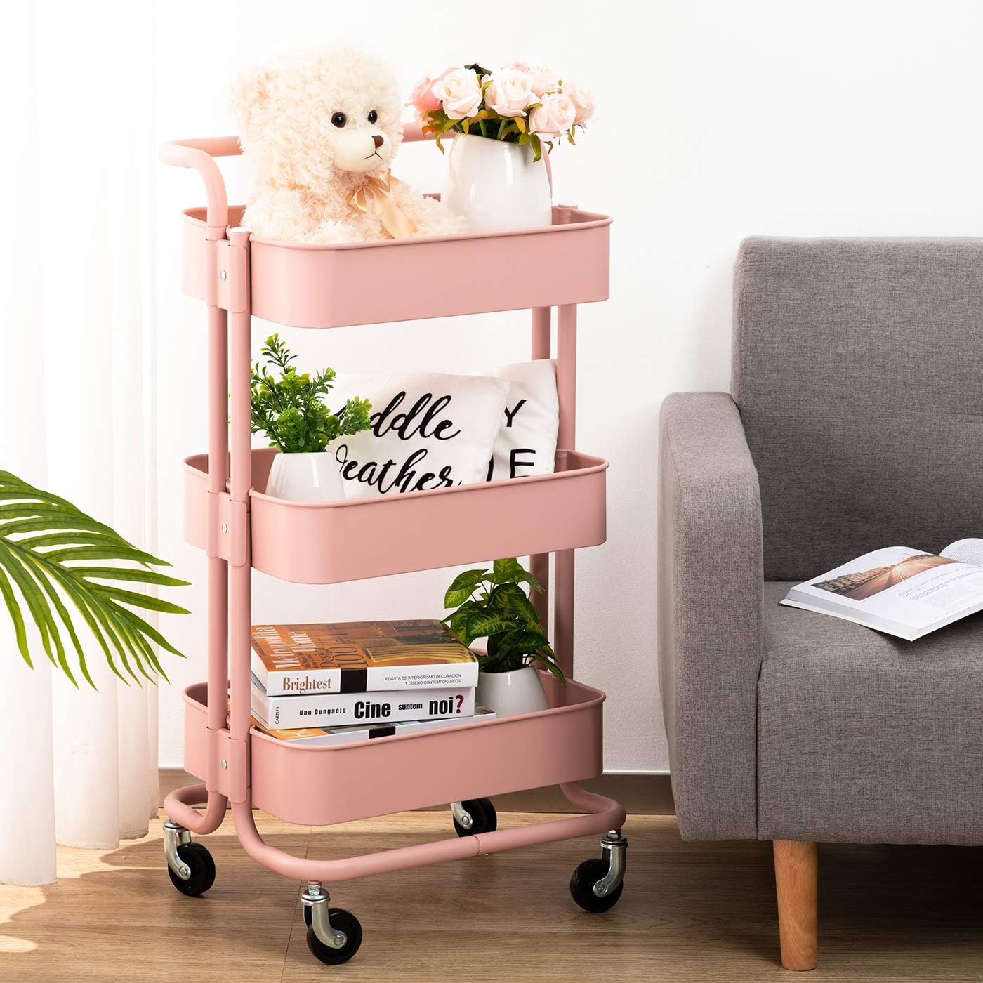 MATICO 3-Tier Metal Utility Service Cart Rolling Storage Shelves with Handles, Storage Utility Cart, Pink-White Makeup Cart : Office Products