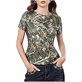 BEAUDRM Women's Camo Print Round Neck T Shirts Casual Short Sleeve Slim Tee Shirts
