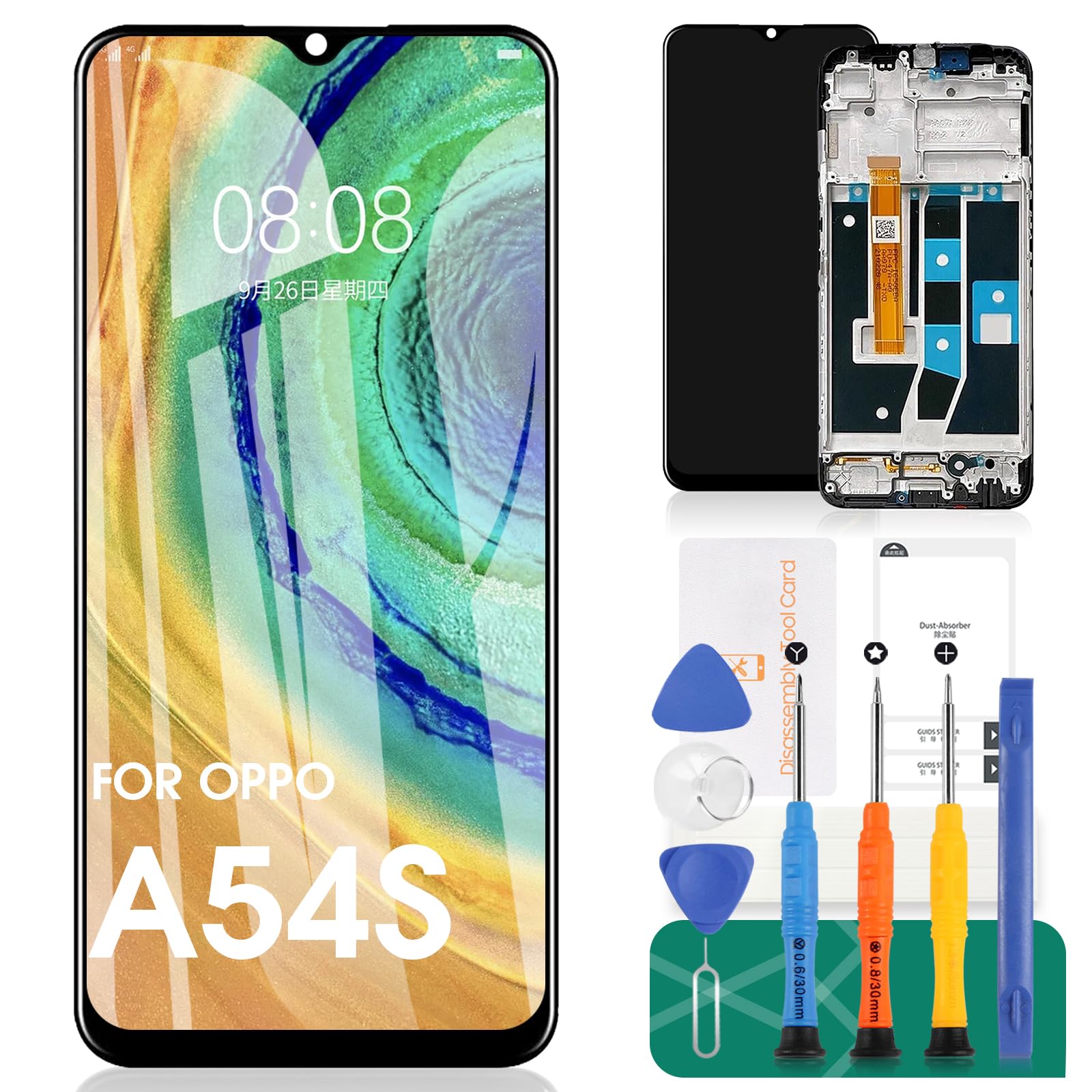 For OPPO A54S Screen Replacement For OPPO A54S LCD Display For OPPO A54S Touch Screen Digitizer CPH2273 Assembly Repair Parts Kits With Frame(Black)
