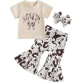 Sasaerucure Infant Toddler Baby Girl Western Clothes Short Sleeve Shirts + Cow Print Flare Pants + Headband Summer Outfits