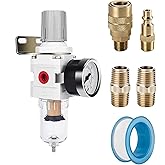 NANPU 1/4" NPT Compressed Air Filter Regulator Combo Piggyback, 5 Micron Brass Element, Poly Bowl, Semi-Auto Drain, Metal Bracket, 0-150 psi Gauge