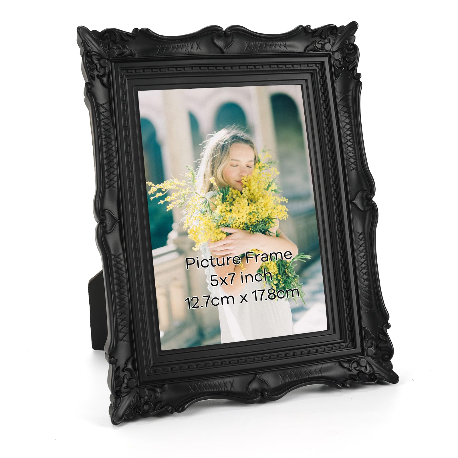 Photo 1 of PHAREGE 5x7 Vintage Picture Frame Black, 5 by 7 Ornate Antique Picture Frame for Wedding, Retro Photo Frame Displays Horizontally or Vertically On Tabletop