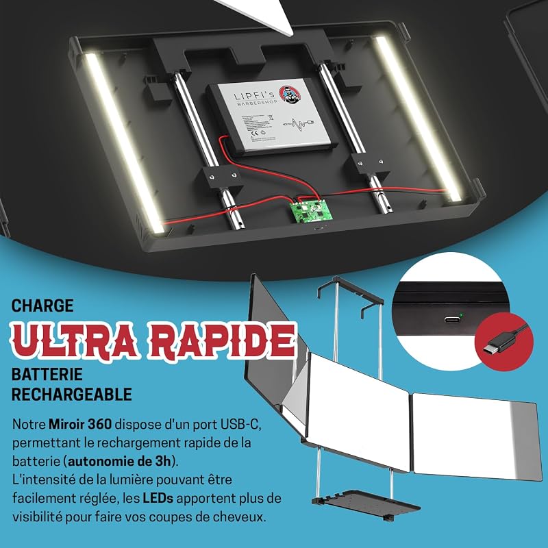 Miroir 3 Faces à LED + support plateau - Se couper les cheveux + barbe seul — photo 5 sur 8
