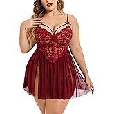 Avidlove Plus Size Lingerie Lace Babydoll Womens Strap Chemise Nightgown V Neck Nighty Mesh Sleepwear Side Slit Nightdress