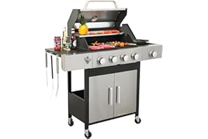 Zolyndo 2 in 1 Outdoor Propane Griddle Grill Combo for Camping, 4-Burner Propane Gas BBQ Grill with Side Burner & Porcelain-Enameled Cast Iron Grate, 46,790 BTU Gas Barbecue Grill, Patio, Backyard