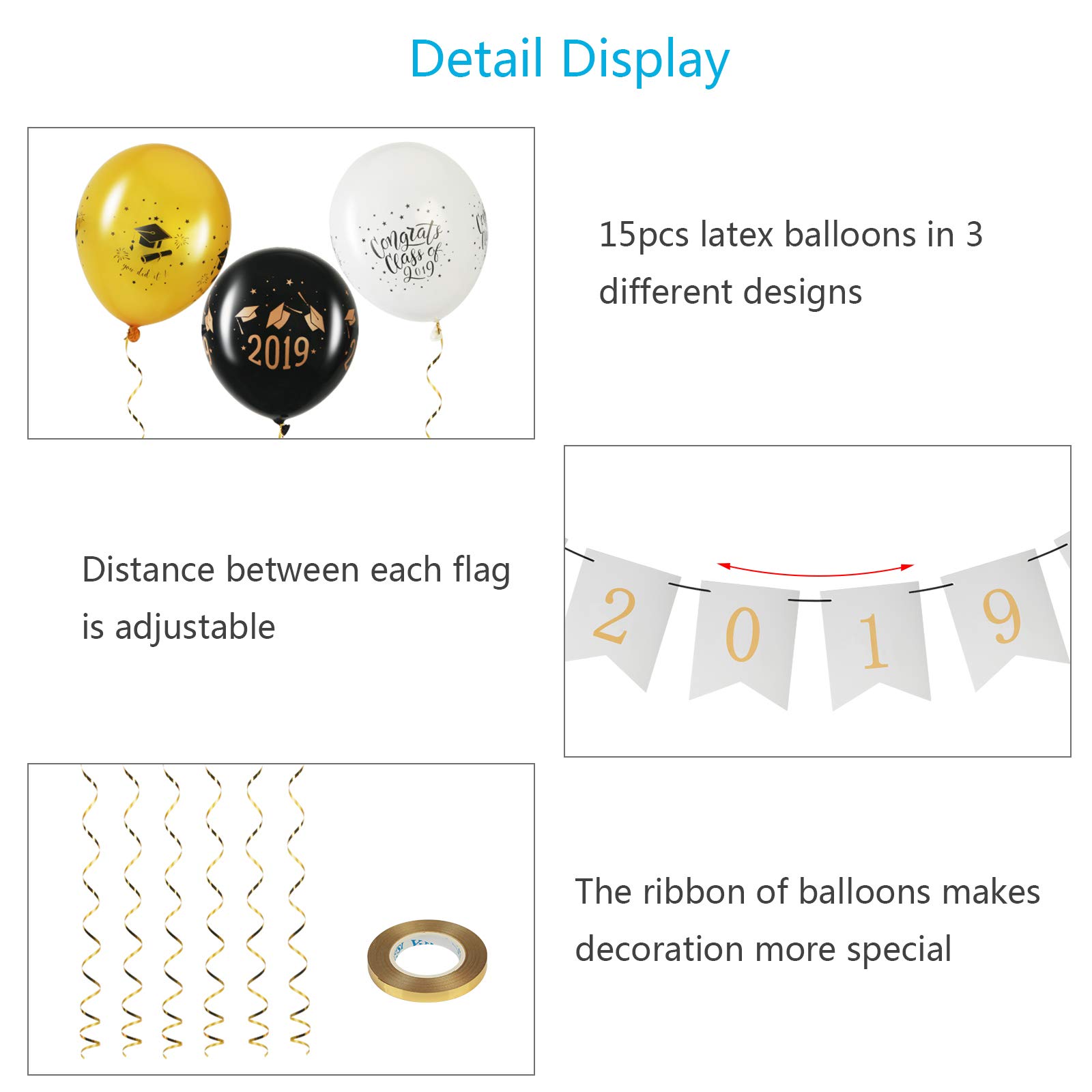 2019 Graduation Banner KATOOM Graduate Celebration Bunting Garland Grad Pennant Flags with 15 Pcs Latex Balloons for Graduation Party Decor Photo Props