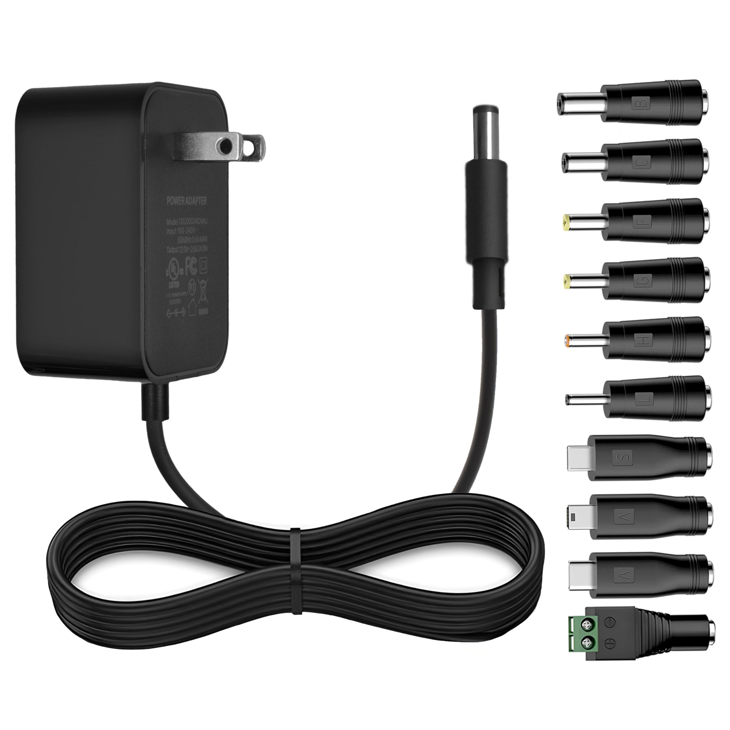 Photo 1 of 12V 2A AC Adapter Charger with 10 Connectors, 12 Volts 2A 1.5A 1A 0.5A Power Supply Cord for LED Strip Light, CCTV Camera, Speaker, GPS, Webcam, Router and More, FCC & UL Certified (5ft)