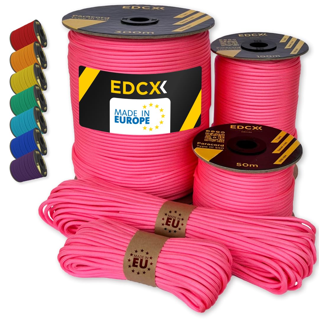 EdcX Paracord 4mm, 35+ Solid Colors (10m, 15m, 30m, 50m, 100m, 300m) | Ideal for Crafting, DIY, Camping, Survival, Outdoor | 100% Nylon Rope 4mm | Tactical Cord 550 Type III (Pastel Pink, 100 m) — image 1