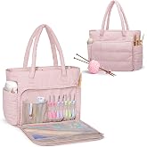 Teamoy Knitting Bag Tote, Crochet Bag Organizer, Yarn Storage, Pink | Puffer Yarn Holder for Yarn Skeins, Hooks, Needles and Crocheting Supplies, Soft and Lightweight
