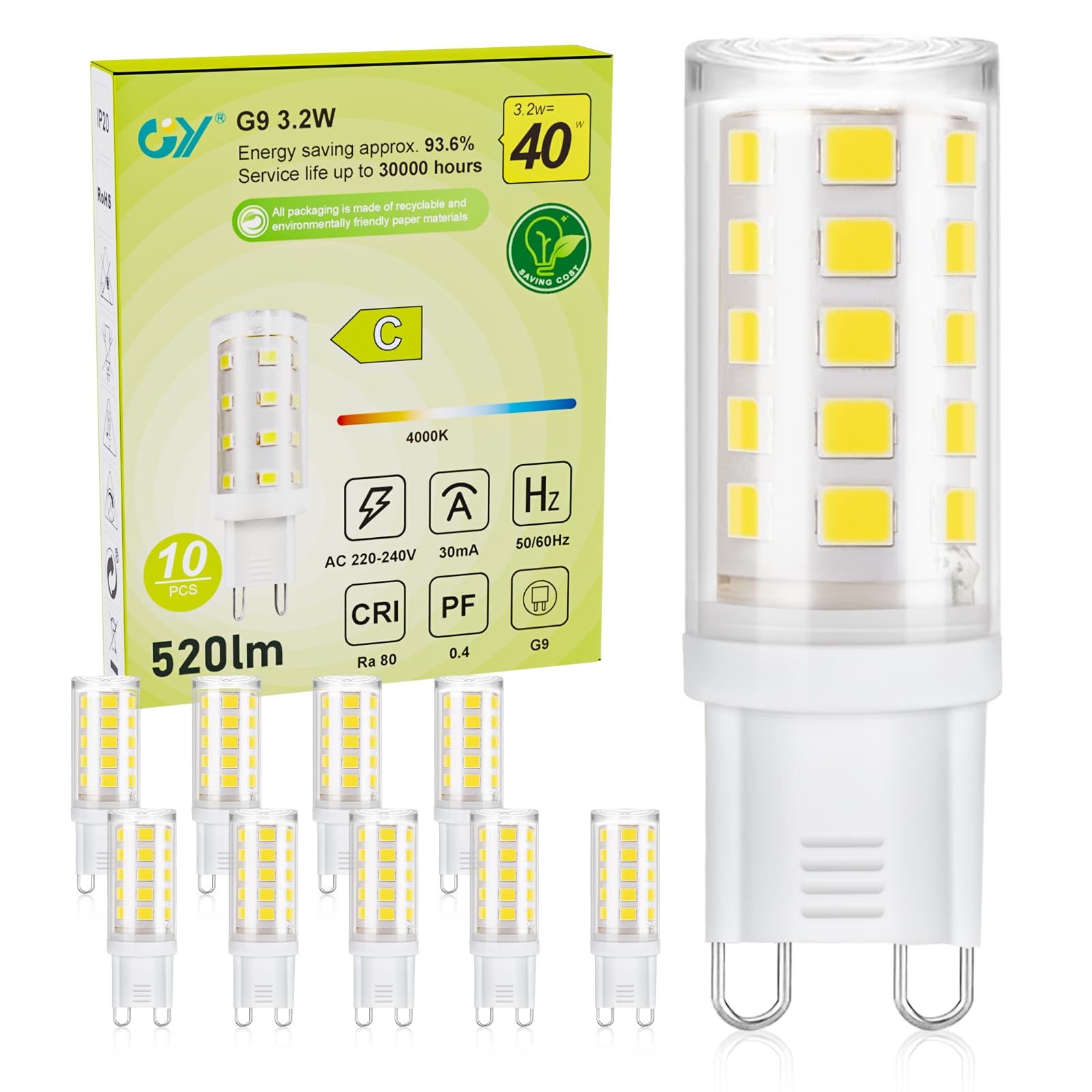 GY G9 LED Bulbs,3.2W Neutral White 4000K Energy Saving Light Bulbs, Equivalent to 40W 520 Lumen No Flicker, Not Dimmable for Home Lighting Decor,10 Pack