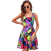 uideazone Women's Sleeveless Dress Summer Beach Casual Scoop Neck Print Flared A Line Stretchy Sundress
