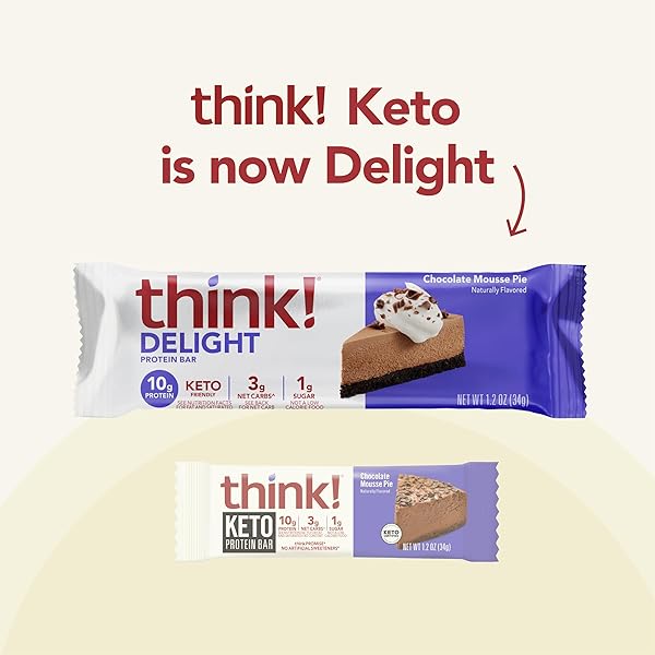 THINK! DELIGHT, KETO PROTEIN BARS, HEALTHY LOW CARB, GLUTEN FREE SNACK – CHOCOLATE MOUSSE PIE, 10 COUNT
