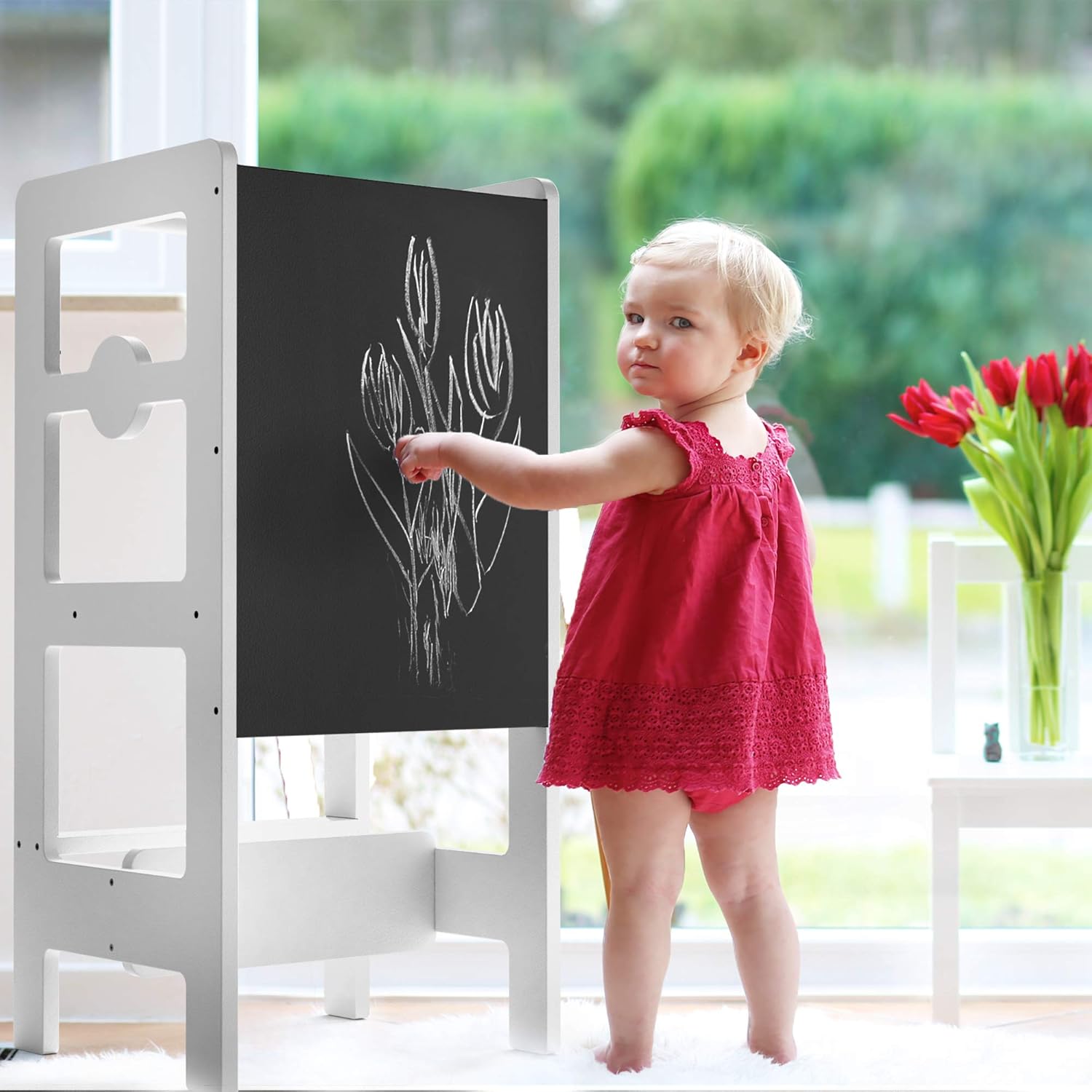 Kitchen Step Stool & Chalkboard Desk for Toddlers - Easily Turns Learning Helper Tower for Kitchen Counter Into Table & Chair Set for Little Kids - Safe Convertible Montessori by ComfyBumpy (White) : Baby