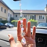 XLIUAX Moon and Star Rear View Mirror Car Charm, Cute Boho Sun Catcher Pendant Hangings Ornaments Healing Crystals Stones Car Decor for Women Men(B)