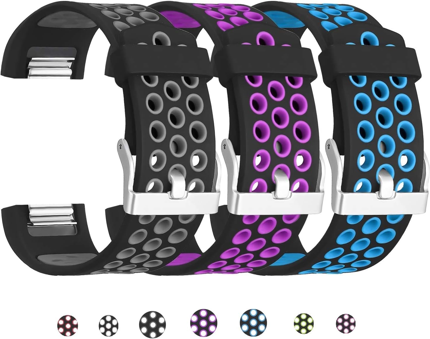 SKYLET Compatible with Fitbit Charge 2 Bands for Men Women, 3 Pack Breathable Silicone Replacement Sport Wristbands Compatible with Fitbit Charge 2 with Secure Watch Clasp Large Small