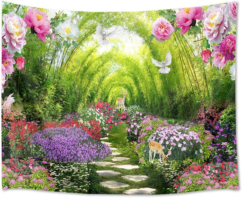 HVEST Spring Scenery Tapestry Deer Dove Blooming Flowers in Garden Wall Tapestry Hanging Fairy Tale Flowering Shrubs Tapestry for Kids Girls Bedroom Living Room Dorm Party Decor,80Wx60H inches