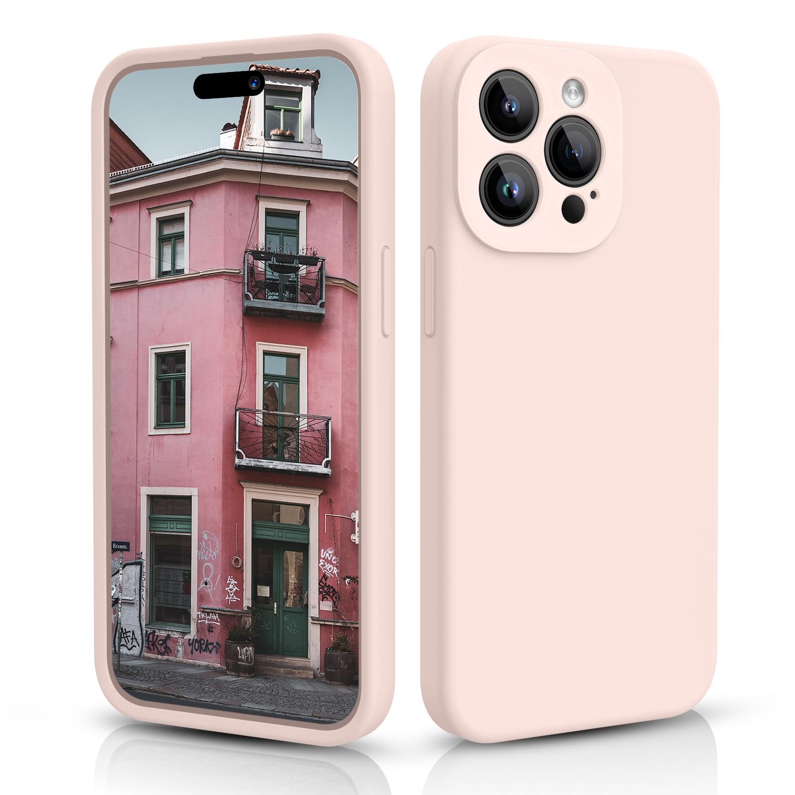 CALOOP Slim-Fit for iPhone 14 Pro Max Case,Skin Soft Liquid Silicone,Sturdy Hard Frame Shockproof Cover with Anti-Scratch Microfiber Lining,Full Protection for Screen and Lens,6.7 inch(Chalk Pink) — image 1