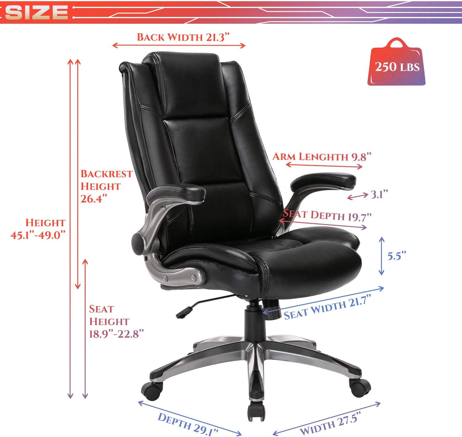 Office Chair High Back Leather Executive Computer Desk Chair - Flip-up Arms and Adjustable Tilt Angle Swivel Chair Thick Padding for Comfort and Ergonomic Design for Lumbar Support: Office Products
