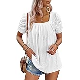Dokotoo Women's Hollow Pleated Short Sleeves Square Neck Casual Loose Solid Color Knit T Shirts Tops Blouses