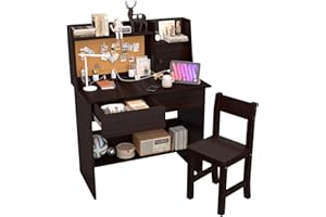 SFDOU Espresso Kids Desk and Chair Set for 5-12 Year Old, Childrens Computer Desk with Drawers and Storage Shelf, Kids Study Table with Charging Station