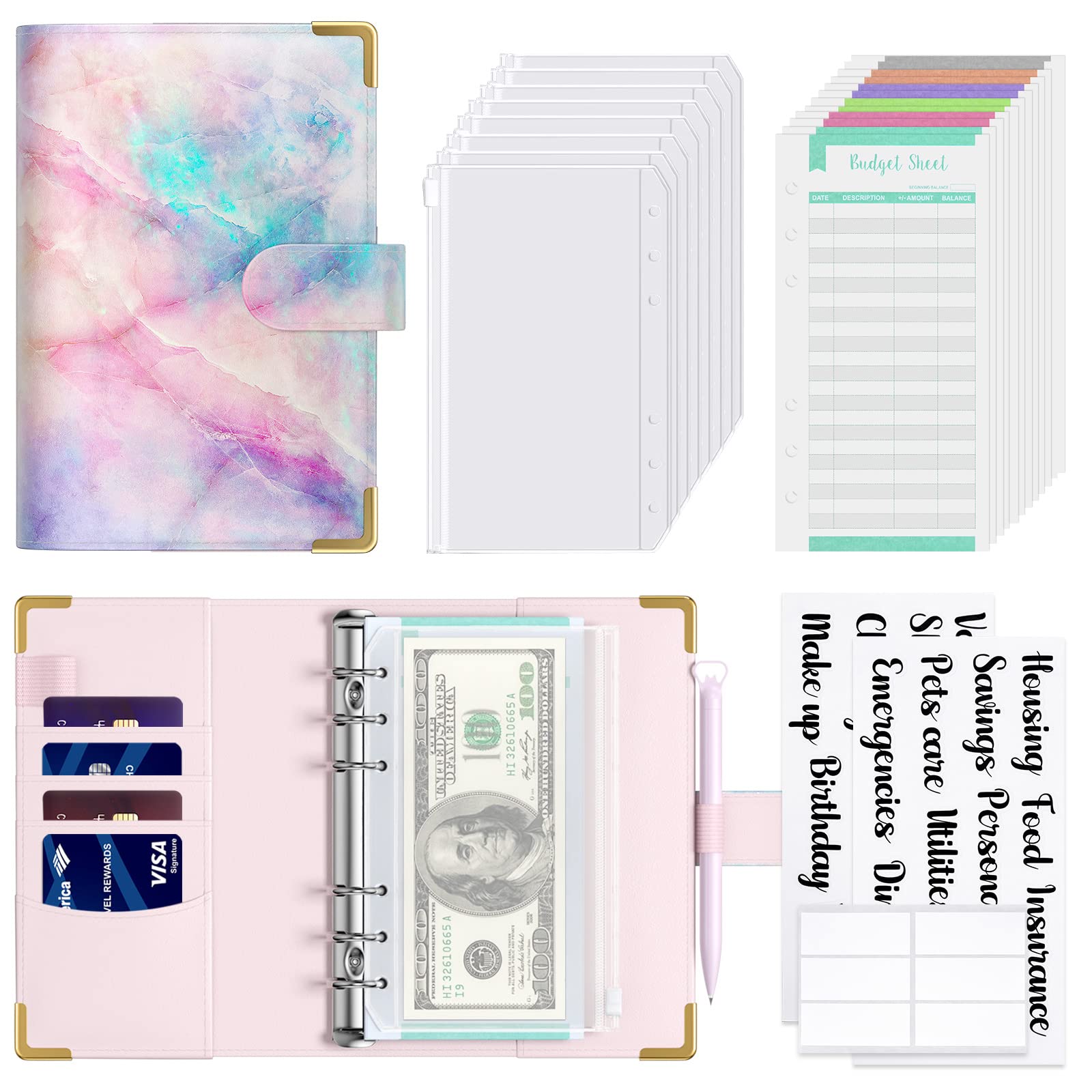 Hnogri Budget Binder with Zipper Envelopes, A6 Money Saving Binder Cash Envelopes for Budgeting, PU Leather Budget Planner Money Organizer for Cash Bills, Floral Budget Wallet for Women, Dream Marble