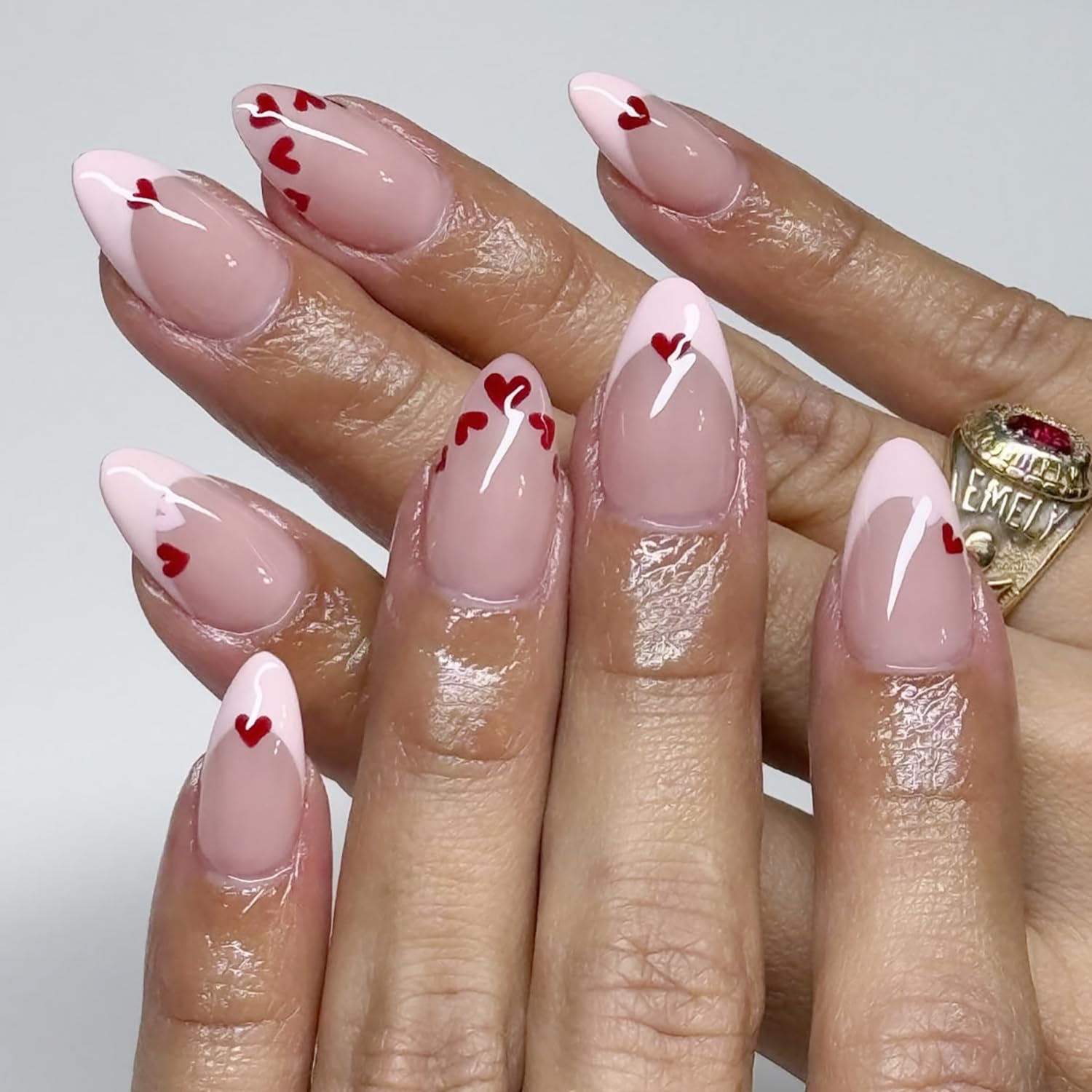 Photo 1 of 24Pcs Valentines Heart Press on Nails Medium Almond Valentines Fake Nails Pink French Tip Acrylic Nails Artificial Red Heart False Nails Valentine Press ons Romantic Wedding Glue on Nail for Women