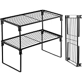 Tomorotec 2-Pack Stackable Kitchen Storage Shelf Rack Metal Cabinet Shelves | Metal Cabinet Organizer Shelf for Spices, Pantry, Cupboard Countertop, with Removable Support Legs for Easy Storage (Black)