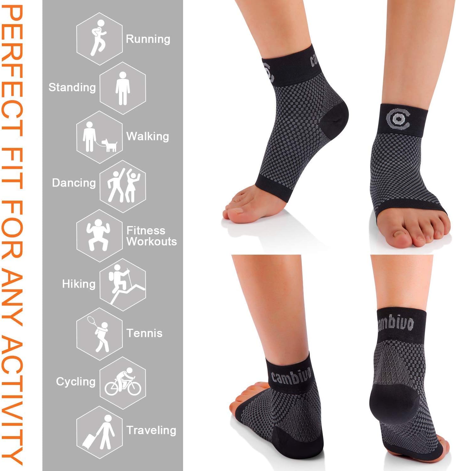 CAMBIVO 2 Pairs Plantar Fasciitis Socks, Ankle Support Compression Foot Sleeve for Men and Women, Arch Support for Foot Pain, Heel Swelling(Black, Medium): Beauty