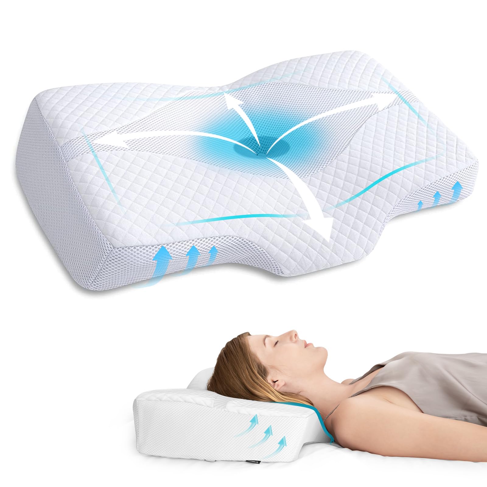 HOMCA Contour Memory Foam Pillow Orthopedic Cervical Pillows for Sleeping, Ergonomic Neck Pillow for Side Back and Stomach Sleepers, with Washable Cover