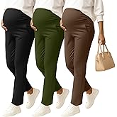 Sweetyweee 3 Pack Women's Maternity Pants Pregnancy Leggings Over The Belly Wide Waist Pant Pocket Ruched Work Casual Trouser(Army Green, Coffee, Black,Large)