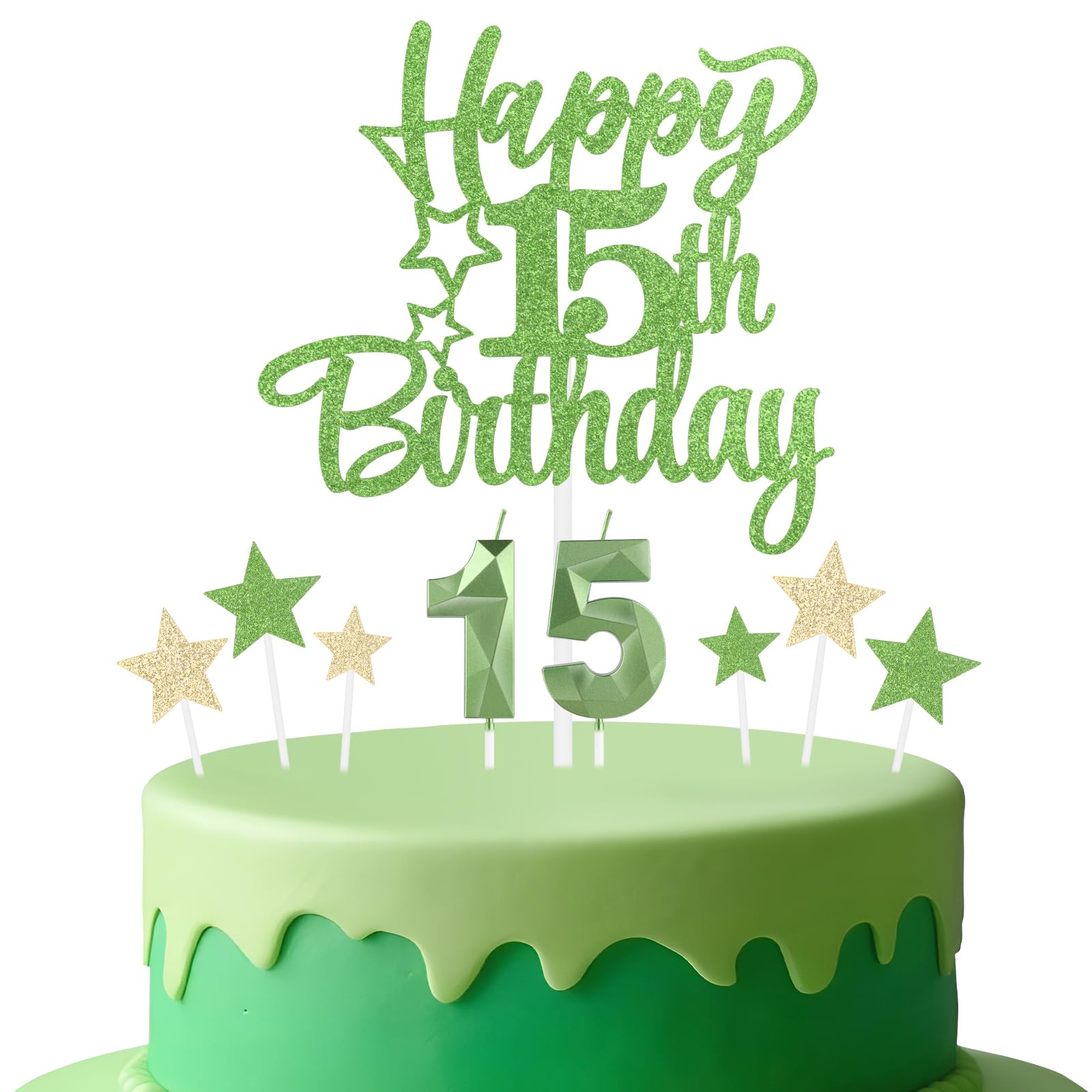 mciskin Tender Green 15th Birthday Candles Cake Toppers Set,3D Number 15 Candle for Cake,Light Green Candles Yellow Star Toppers for Girls Boys 15th Birthday Decorations Party Supplies — image 1