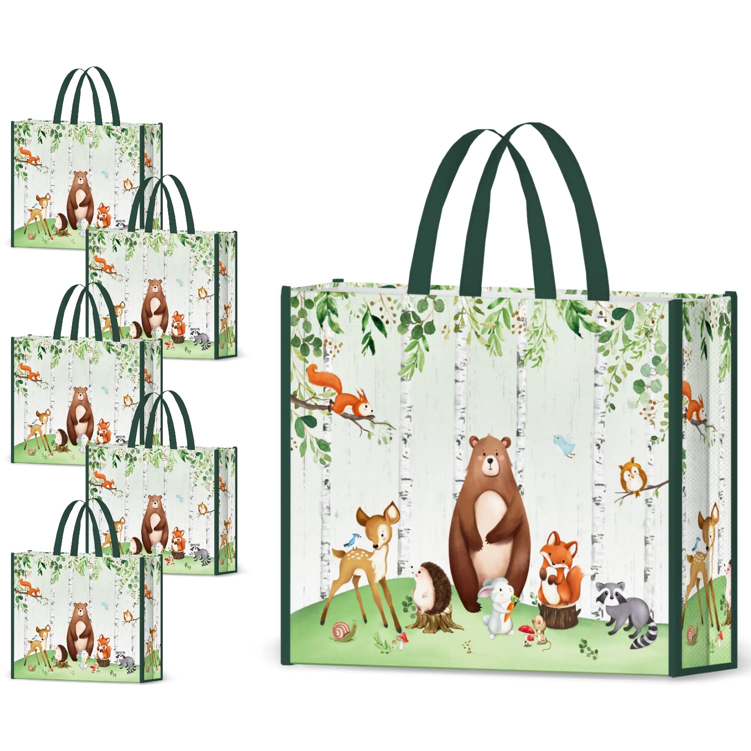 NymphFable 5 Pack Foldable Tote Bags - 17.7 * 15 * 5 inches Party & Reusable Candy Goodie Washable Grocery Animal Pattern Treat Shopping Bags