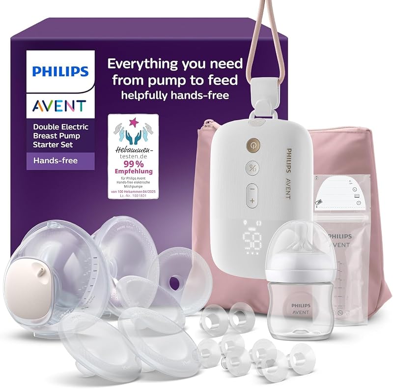 AVENT Hands-Free-Milchpumpen-Starter-Set, Motor in Krankenhausqualität, spiegelt den Trinkrhythmus des Babys wider, bis zu 85 Pumpbewegungen pro Minute, Modell SCD553/11