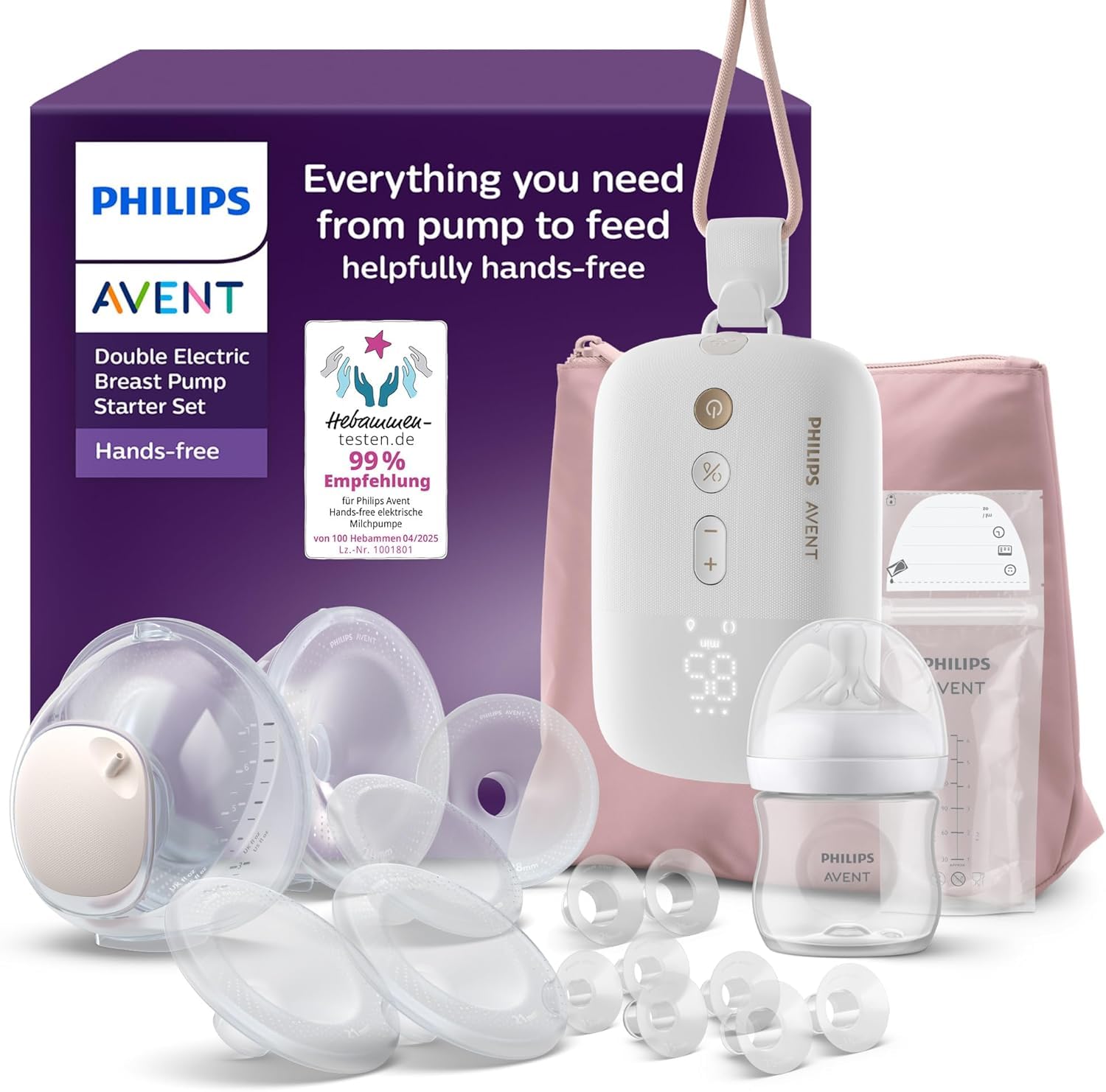 Philips AVENT Hands-Free-Milchpumpen-Starter-Set, Motor in Krankenhausqualität, spiegelt den Trinkrhythmus des Babys wider, bis zu 85 Pumpbewegungen pro Minute, Modell SCD553/11
