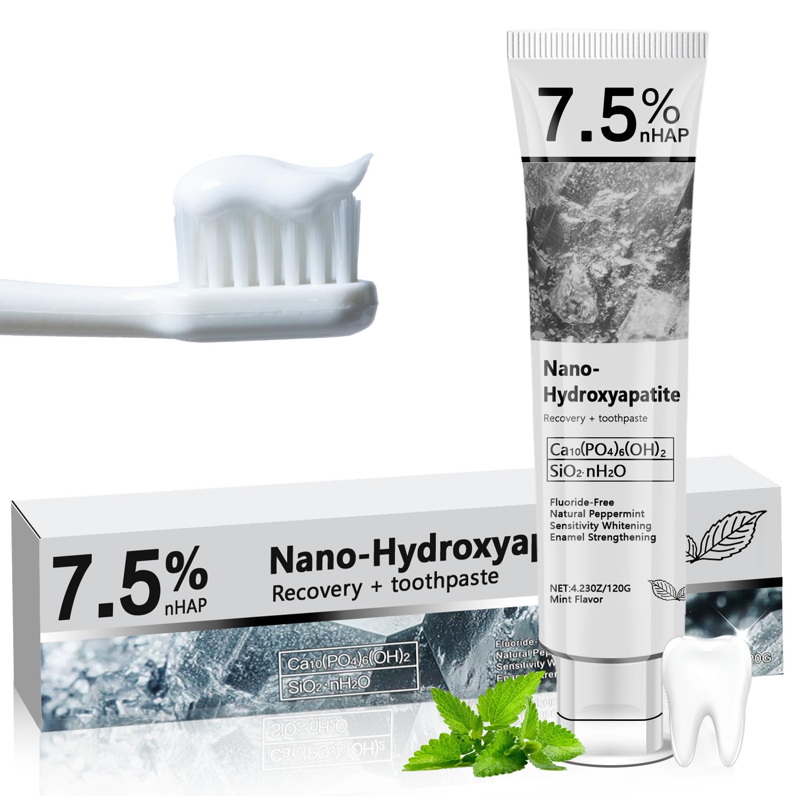 Photo 1 of 7.5% Hydroxyapatite Toothpaste, Fluoride-Free, Natural Peppermint, Promote Tooth remineralization, Protect Tooth Enamel, Reduce Teeth Sensitivity 1pcs