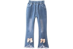 Toddler Girls 3D Bow Raw Hem Flare Jeans - Casual Stretchy Elastic High Waisted Bell Bottom Cute Denim Pants for 2-13 Years