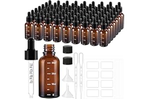 UPBUD 63 Pcs 1oz Amber Glass Dropper Bottles with Measurement, 30ml Leakproof Tincture Bottles with Funnels, Eye Droppers, Extra Caps & Labels, Refillable Empty Bottle for Tinctures, Essential Oils