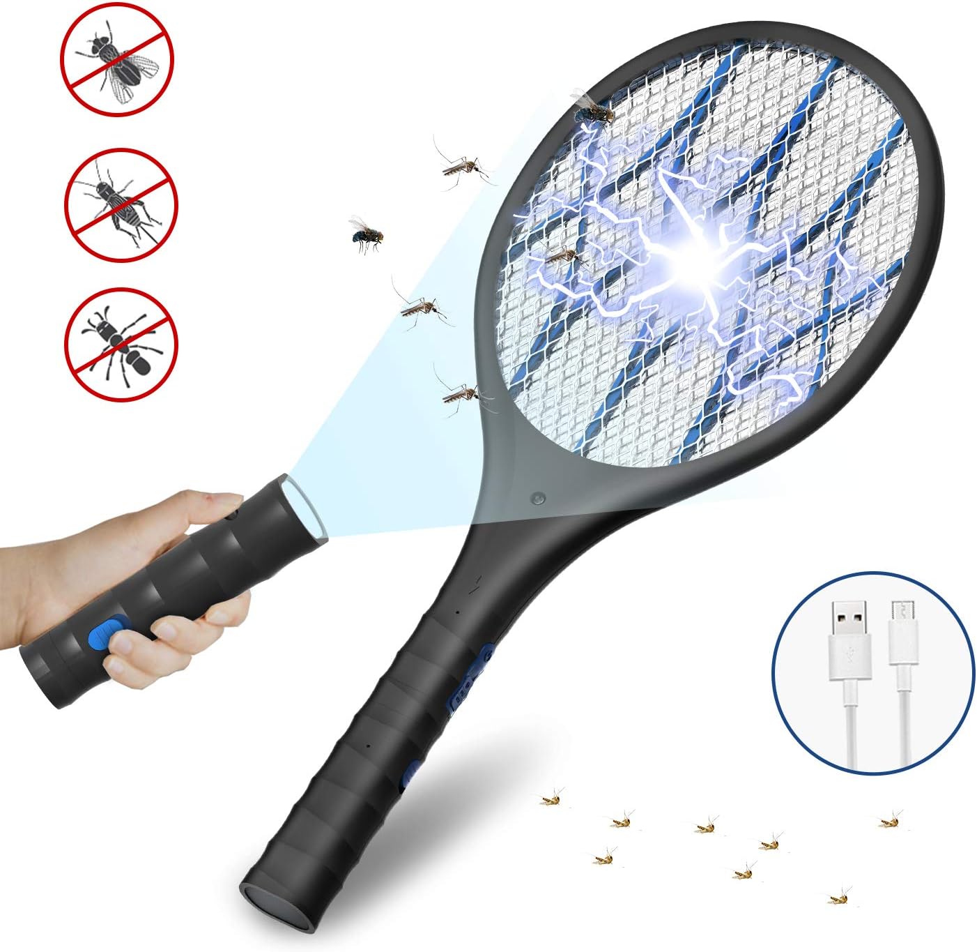 DOUHE Fly Zapper Electric Fly Swatter Bug Zapper Racket with 4000V Grid, Rechargeable 1200mA Battery, Flashlight, 3 layer Safety Mesh, for Home, Indoor and Outdoor Use, USB