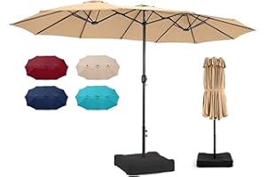 Bigroof 15ft x 9ft Patio Double-Sided Umbrella with Base & Crank, Extra Large Rectangular Outdoor Umbrella for Patio, Lawn & Garden, Beige