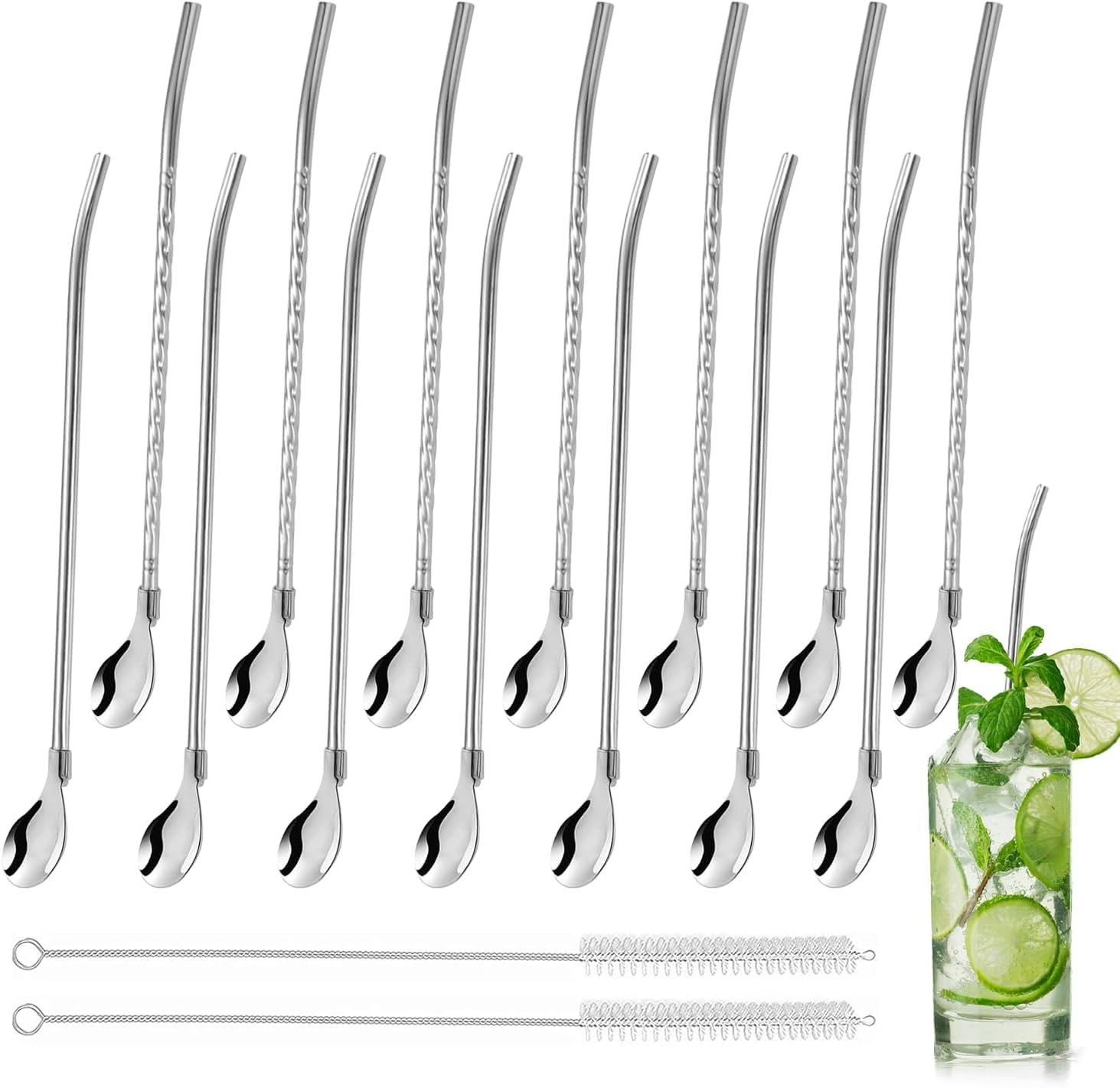 14-Piece Stainless Steel Drinking Straw & Spoon Set, 2-in-1 Reusable Metal Straws with Spoons, 2 Cleaning Brushes, for Smoothies, Milkshakes & Coffee Stirrer (Silver)