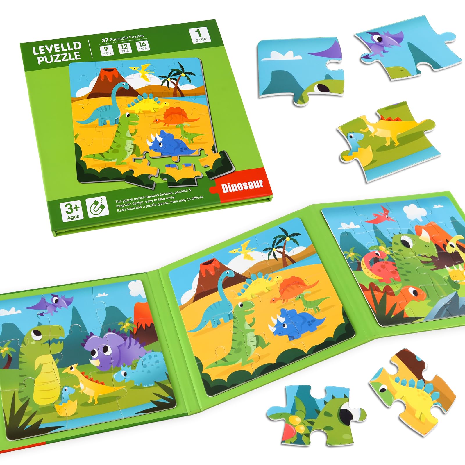 ASTARON Magnetic Puzzles for Toddlers, 16-20-25 Pieces Dinosaur Land Learning Magnet Puzzles for Road Trip, Educational Travel Toys Car Plane Activities for Kids, Kids Birthday Gifts