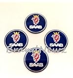 COMBINED BRAND NAME SAAB BLUE CHROME 3D EMBLEM WHEEL CENTER CAP STICKER LOGO BADGE WHEEL TRIM - 56.5MM DOME - SET OF 4