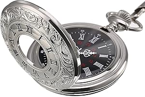 Hicarer Vintage Pocket Watch Steel Men Watch with Chain (Silver)